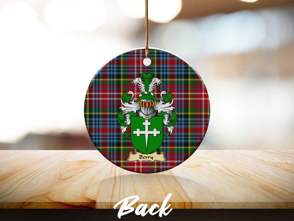 Round Berry Scottish clan ornament with family crest on a Caledonia tartan background