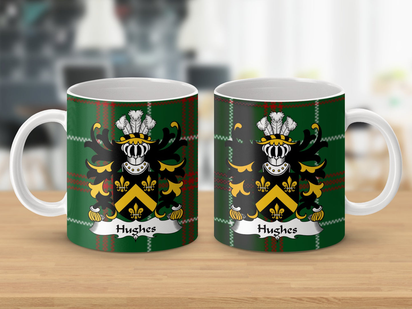 Hughes Surname Coat of Arms on Tartan Background Mug - Living Stone Gifts