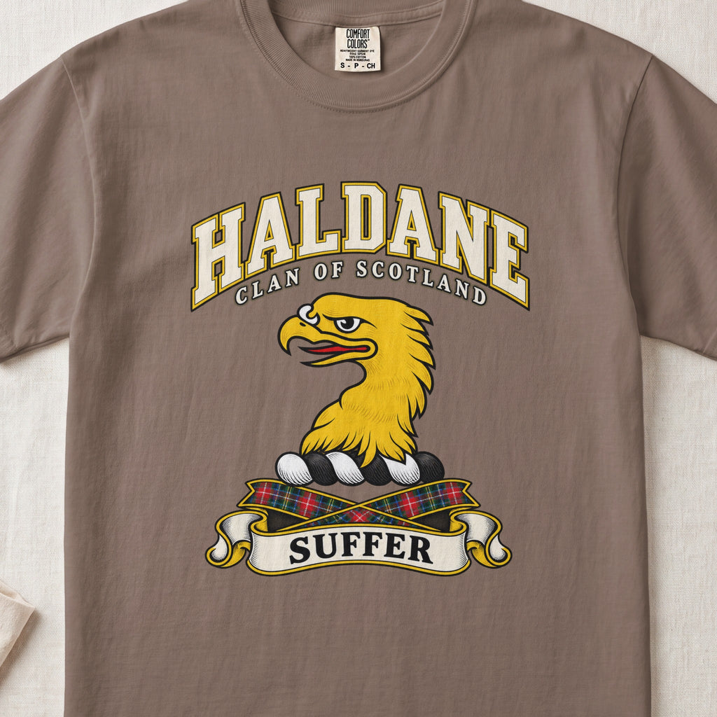 Haldane Scottish clan T-shirt in Espresso, front view with a gold eagle head and motto design.
