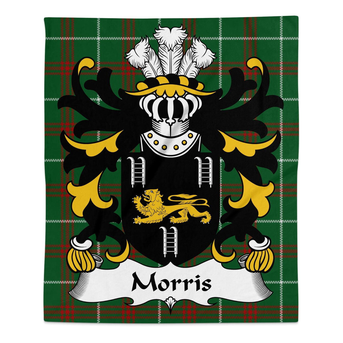 Morris Surname Coat of Arms on Tartan Background Blanket - Living Stone Gifts