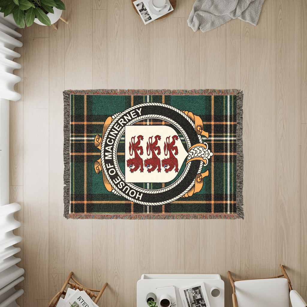MacInerney Irish heritage woven throw with family crest emblem