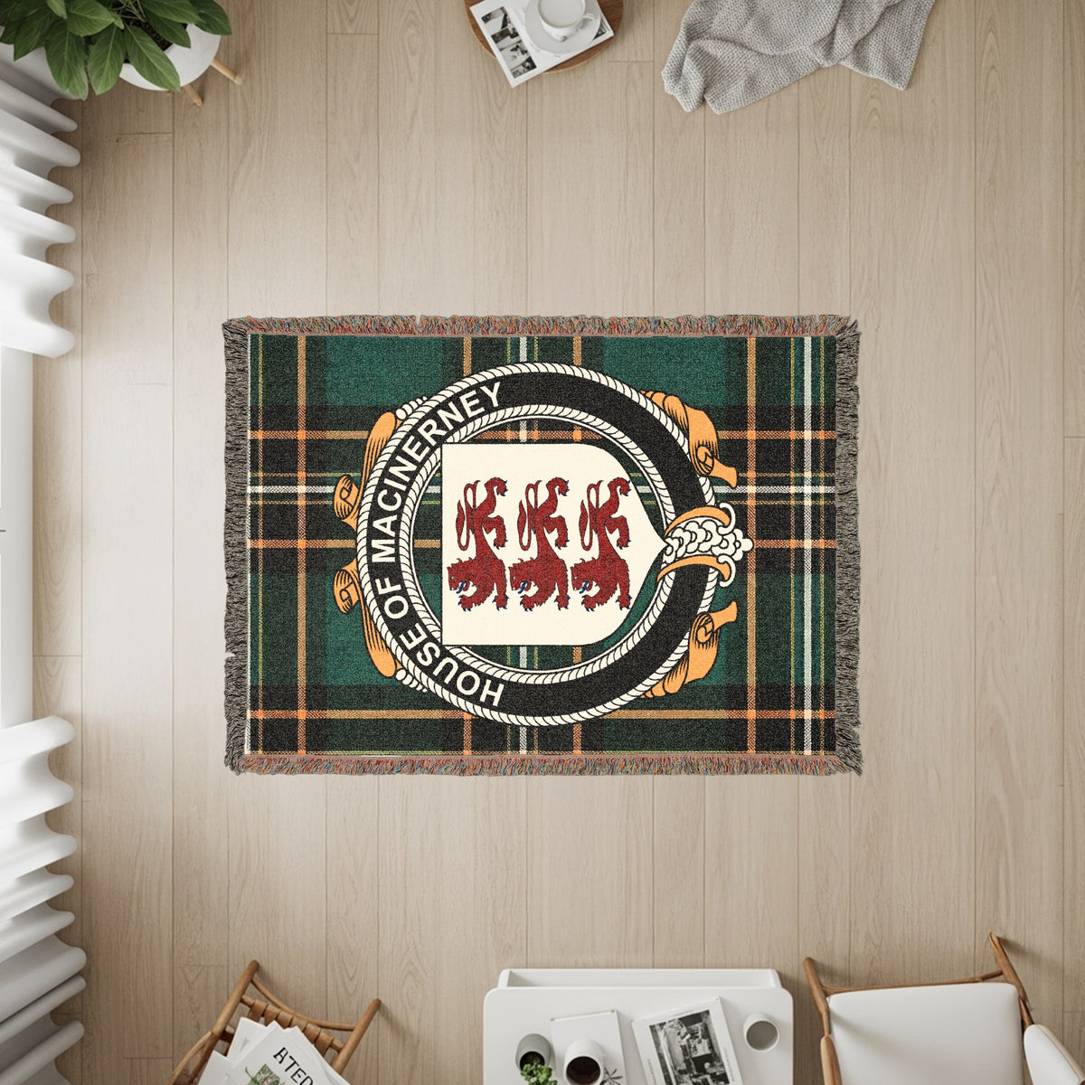 MacInerney Irish heritage woven throw with family crest emblem