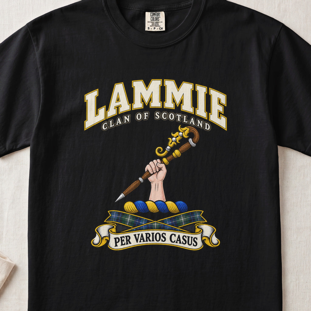 Lammie Scottish clan T-shirt in Black, front view with a hand holding an ornate crozier and motto design.