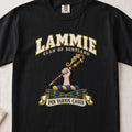 Lammie Scottish clan T-shirt in Black, front view with a hand holding an ornate crozier and motto design.