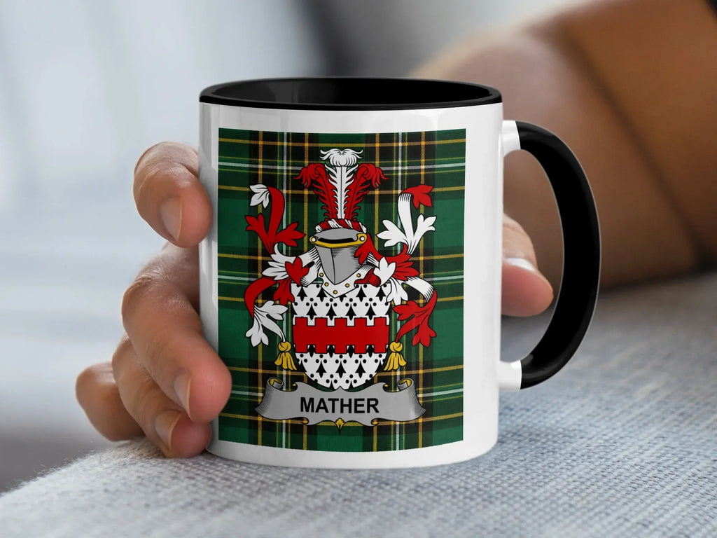 Mug with Mather family crest on tartan background.