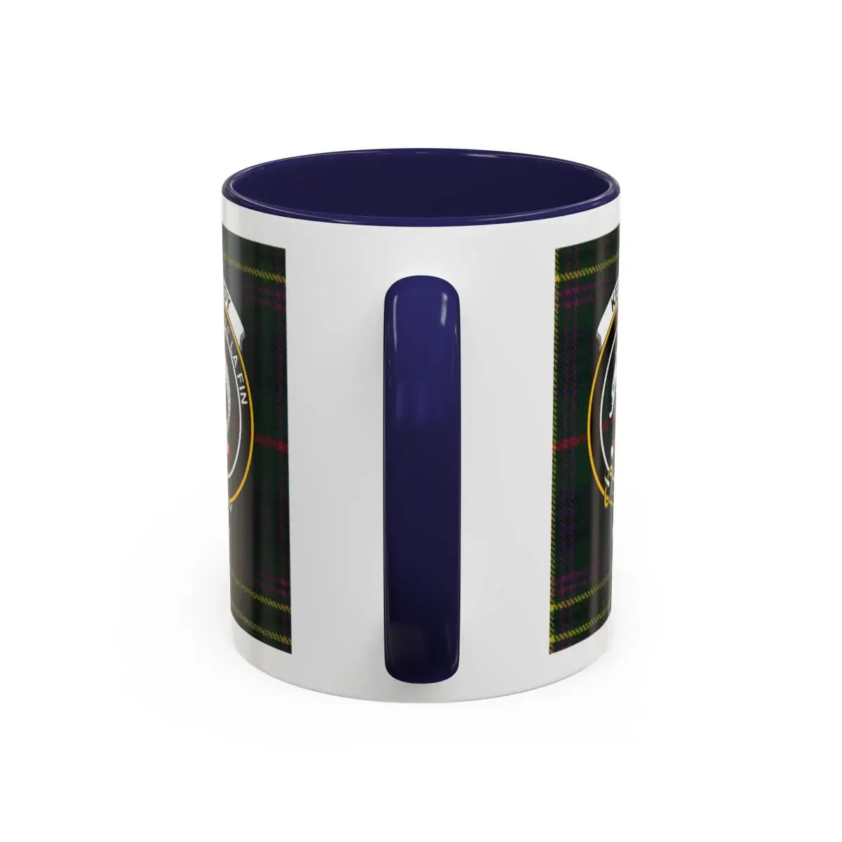 Kennedy clan tartan accent mug with coloured handle — 11oz ceramic, Consider the End motto