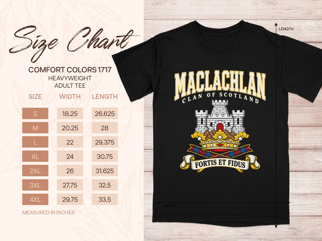 MacLachlan Comfort Colors 1717 T-shirt size chart with black shirt illustration