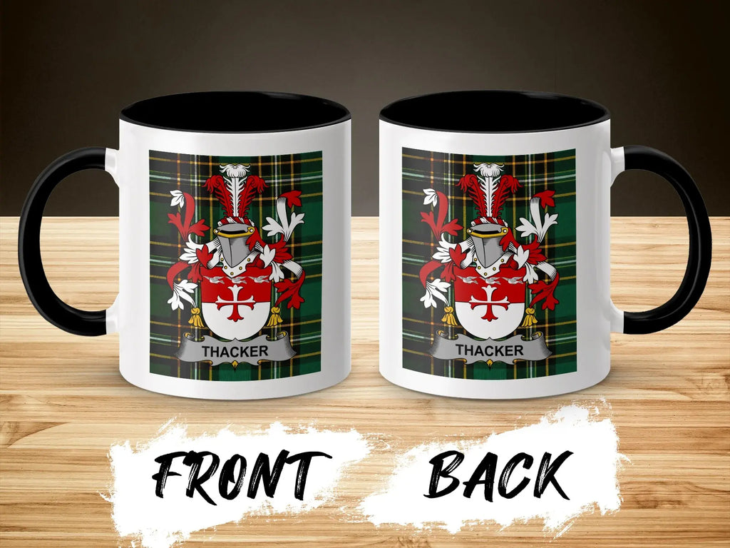 Two sides of a mug featuring the Thacker family crest on a plaid background.
