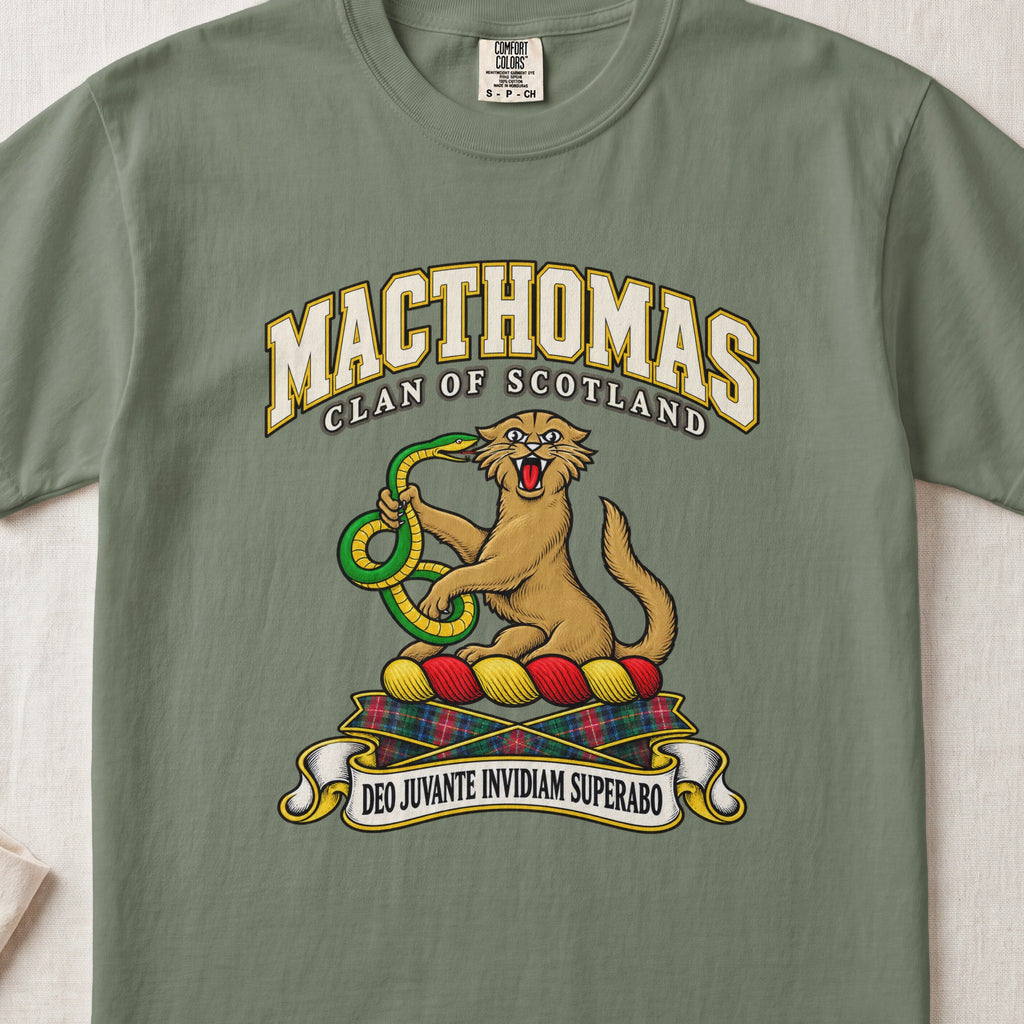 MacThomas Scottish clan T-shirt in Moss, front view with a golden wildcat holding a green snake and motto banner.