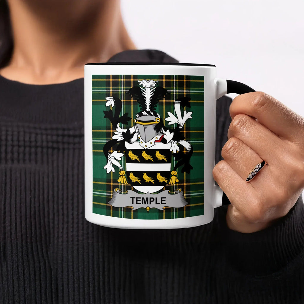 Mug with green plaid and the "Temple" family crest.