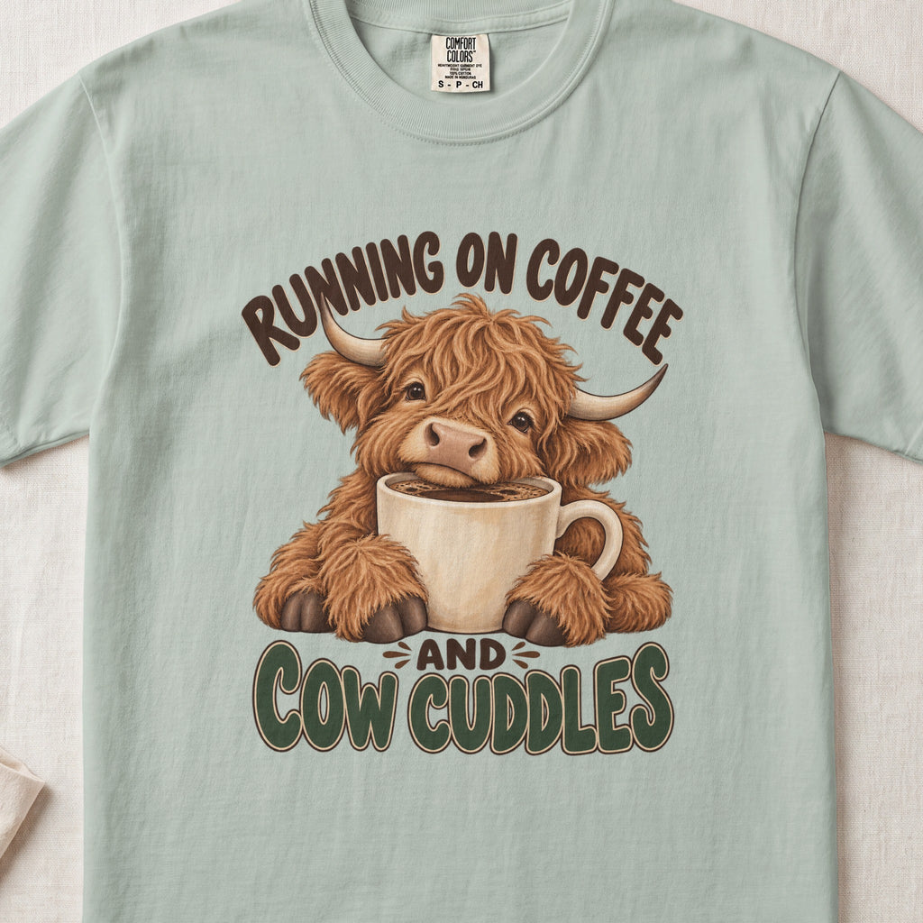 Running on Coffee & Cow Cuddles Highland cow design on a Bay Comfort Colors 1717 T-shirt, flat lay