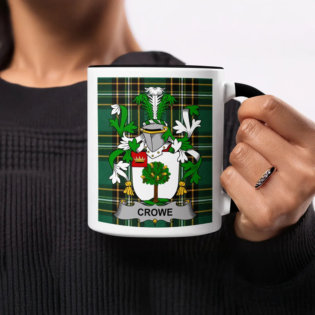 Crowe family crest on a white mug with black trim.
