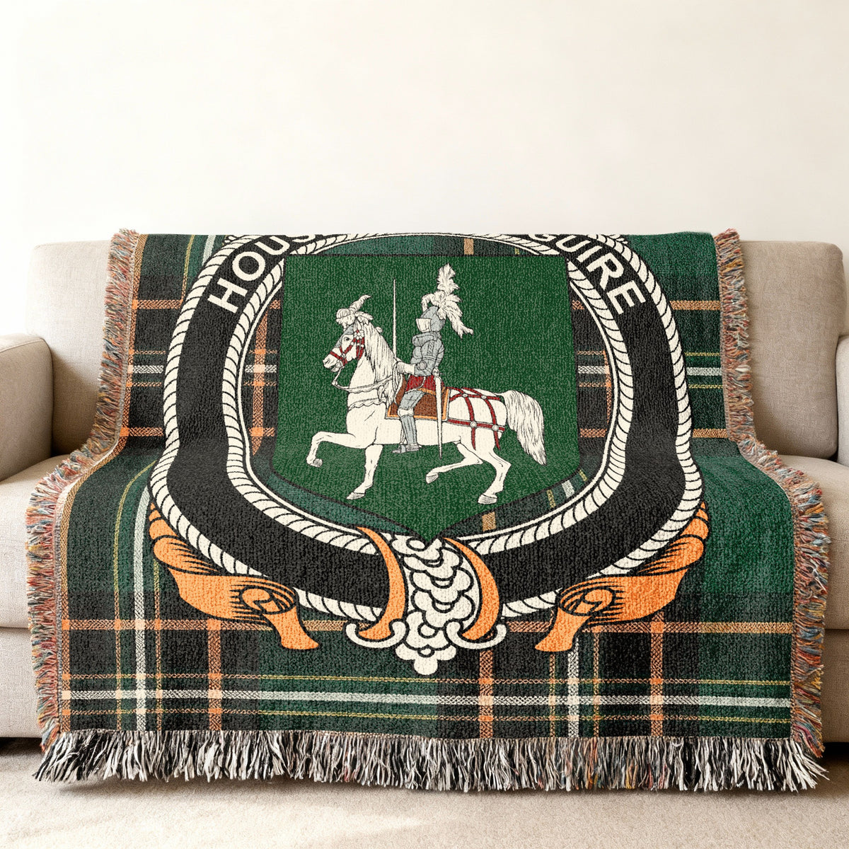 MacGuire Irish National Tartan woven blanket displayed on a sofa