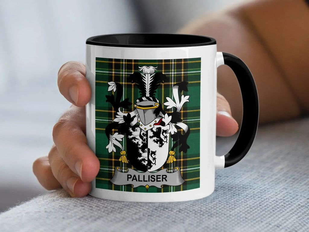 Palliser Irish family crest black accent mug with Irish National Tartan