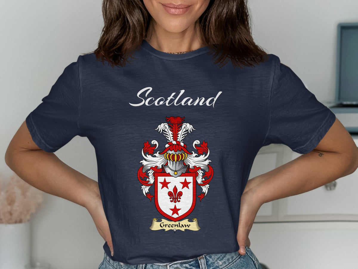Greenlaw Scottish family shield design on Navy T-shirt