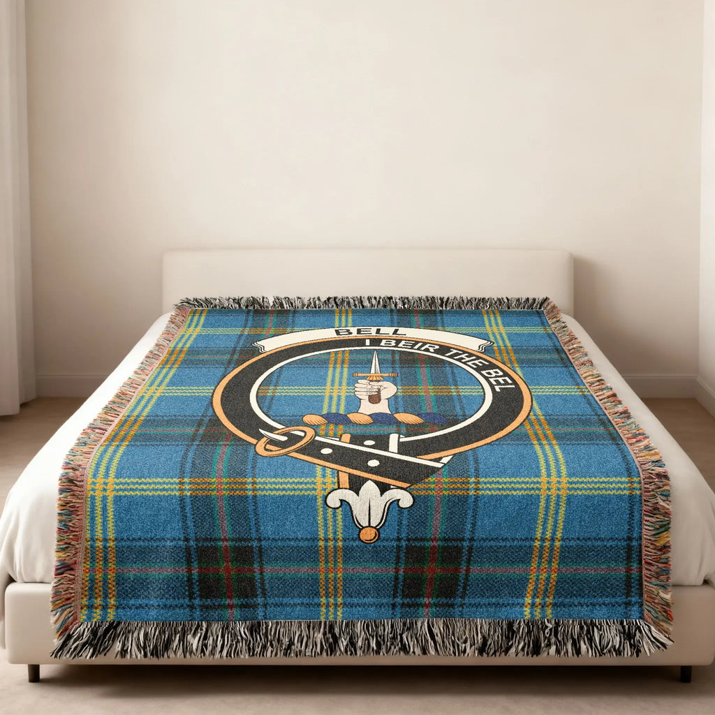 Bell clan tartan woven blanket folded — crest and fringe detail, 100% cotton Scottish heritage throw