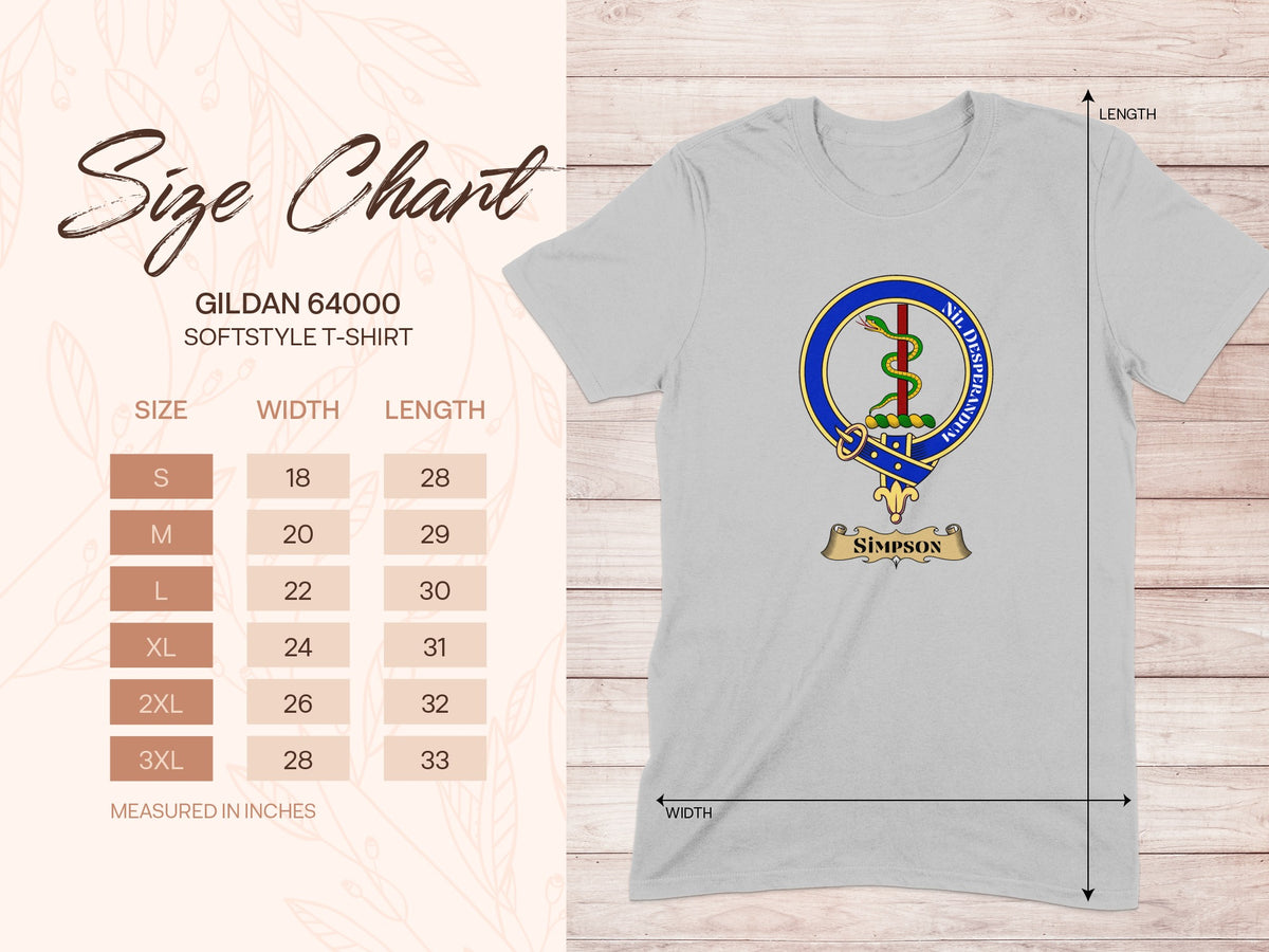 Gildan 64000 size chart for Simpson Scottish clan crest T-shirt