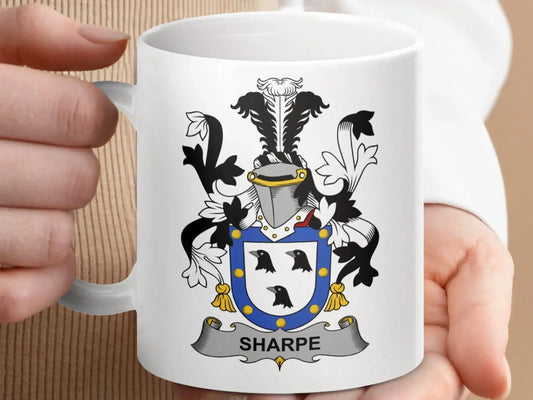 Sharpe Family Crest Coat of Arms Emblazoned Mug - Celtic Ancestry Gifts