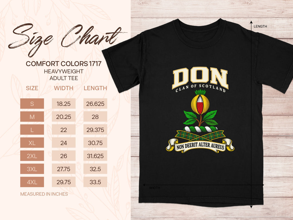 Comfort Colors 1717 size chart in inches with a black Don clan crest T-shirt preview