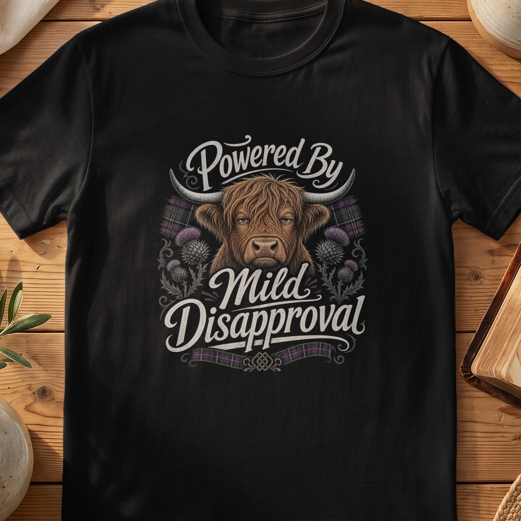 Black Gildan 64000 unisex T-shirt flatlay with Powered by Mild Disapproval Scottish graphic design
