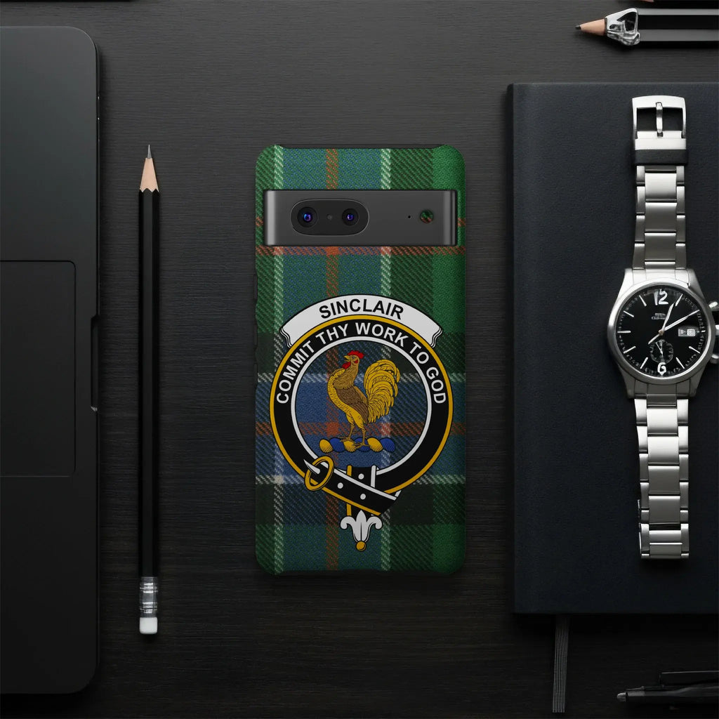 Sinclair commit thy work to god tartan phone case — slim dual-layer, Google Pixel shown