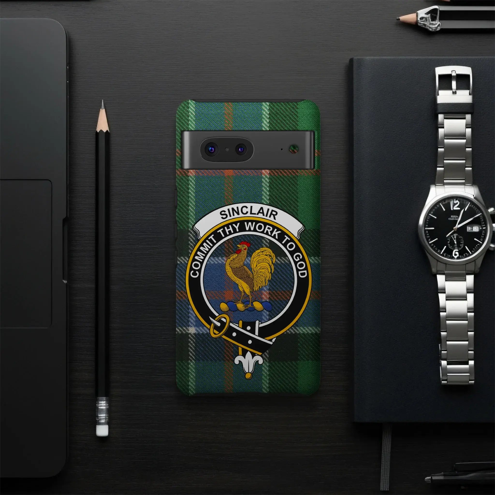 Sinclair commit thy work to god tartan phone case — slim dual-layer, Google Pixel shown