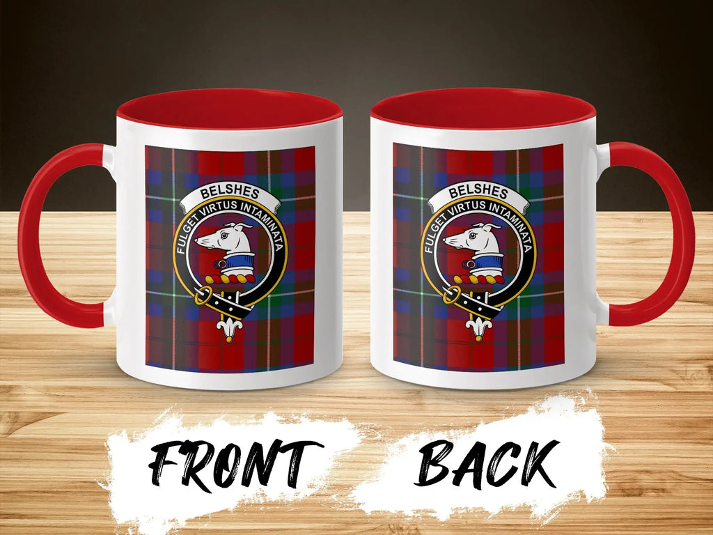 Belshe Clan Crest Tartan Mug with Red Interior Design