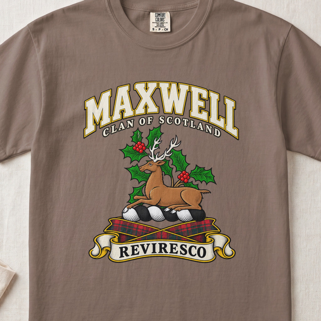 Maxwell Scottish clan T-shirt in Espresso, front view with a resting stag surrounded by holly leaves and red berries and motto banner.