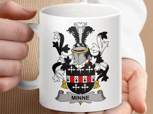Minne Family Crest Heraldic Emblem Mug - Celtic Ancestry Gifts