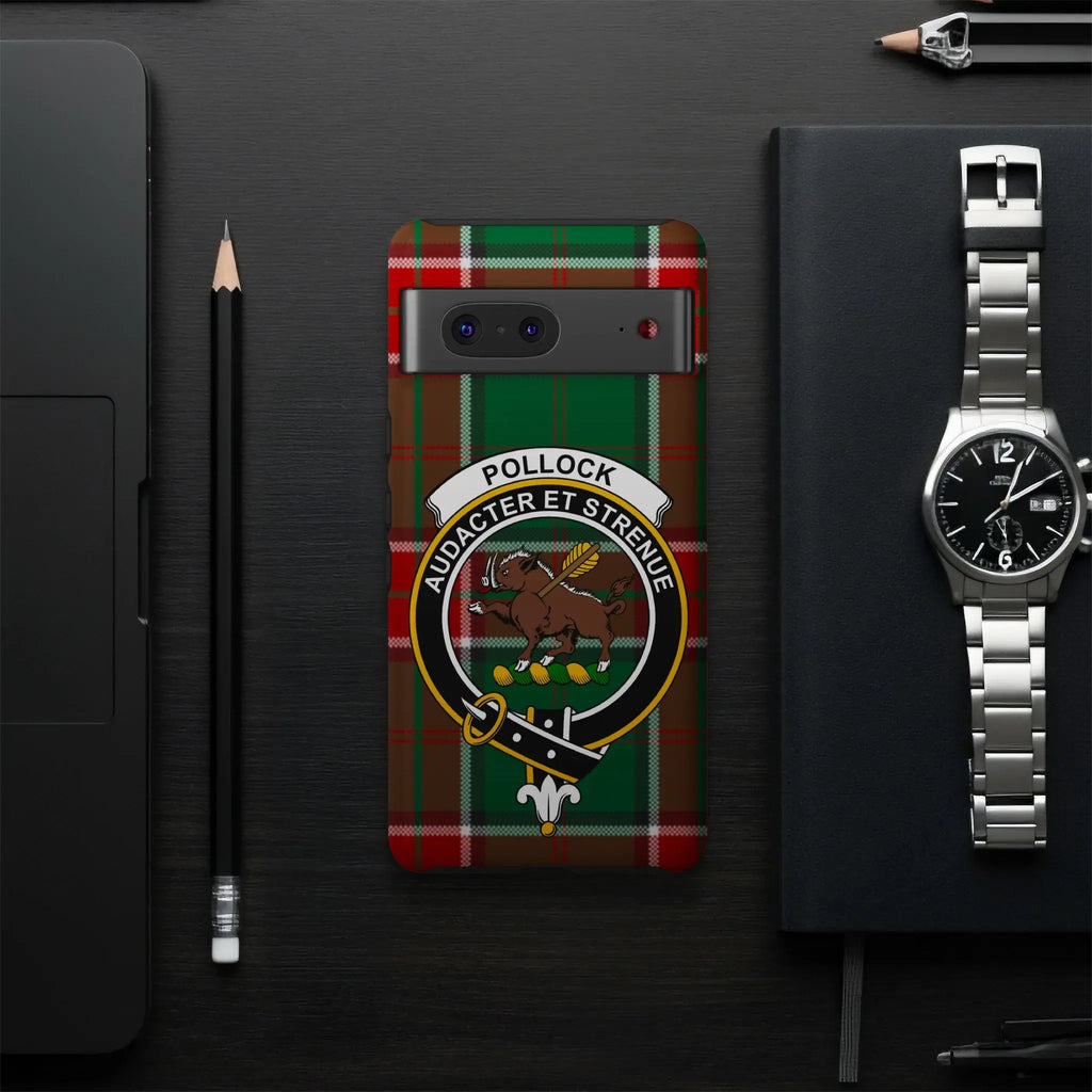 Pollock clan crest tartan phone case on Samsung Galaxy — impact-resistant glossy wrap