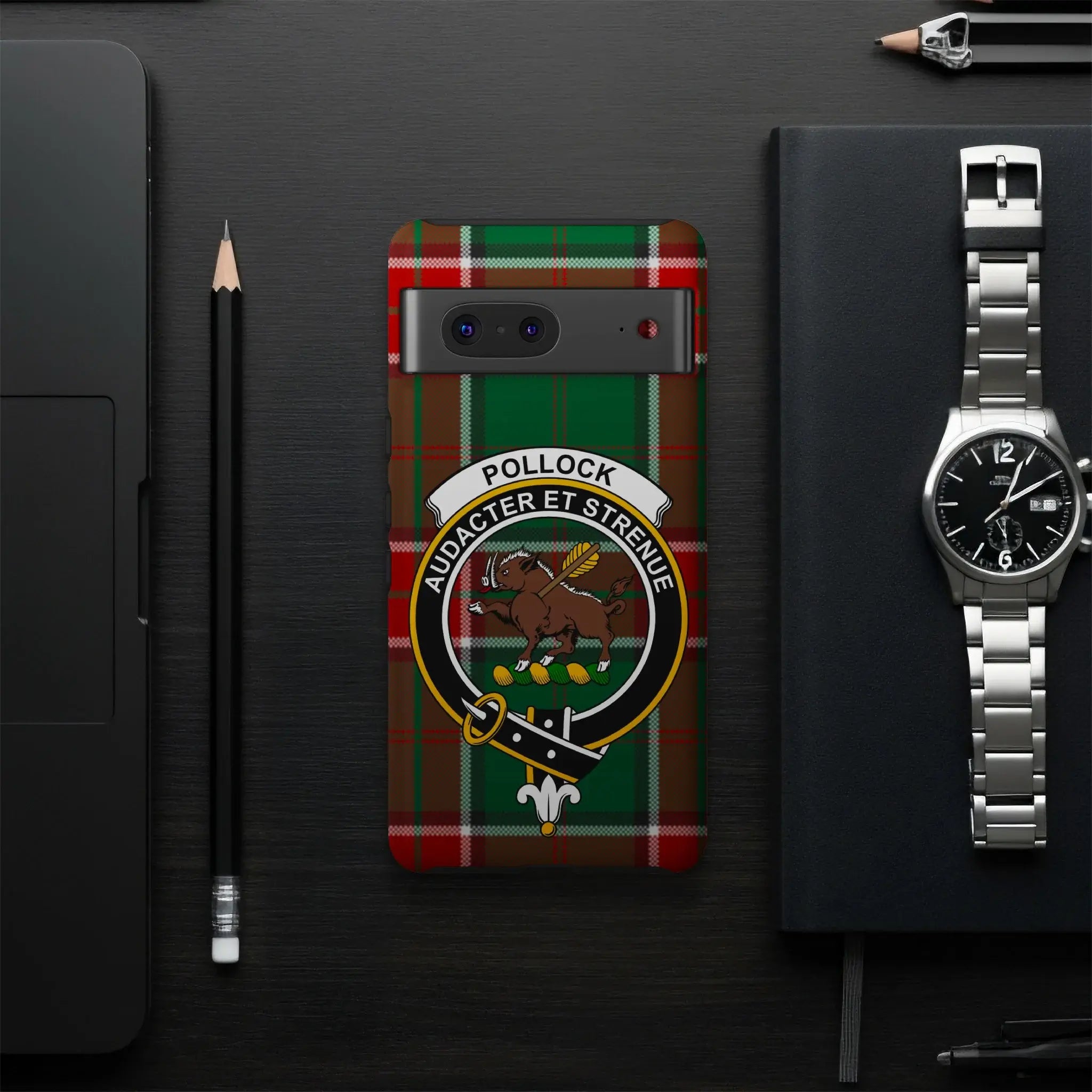Pollock clan crest tartan phone case on Samsung Galaxy — impact-resistant glossy wrap