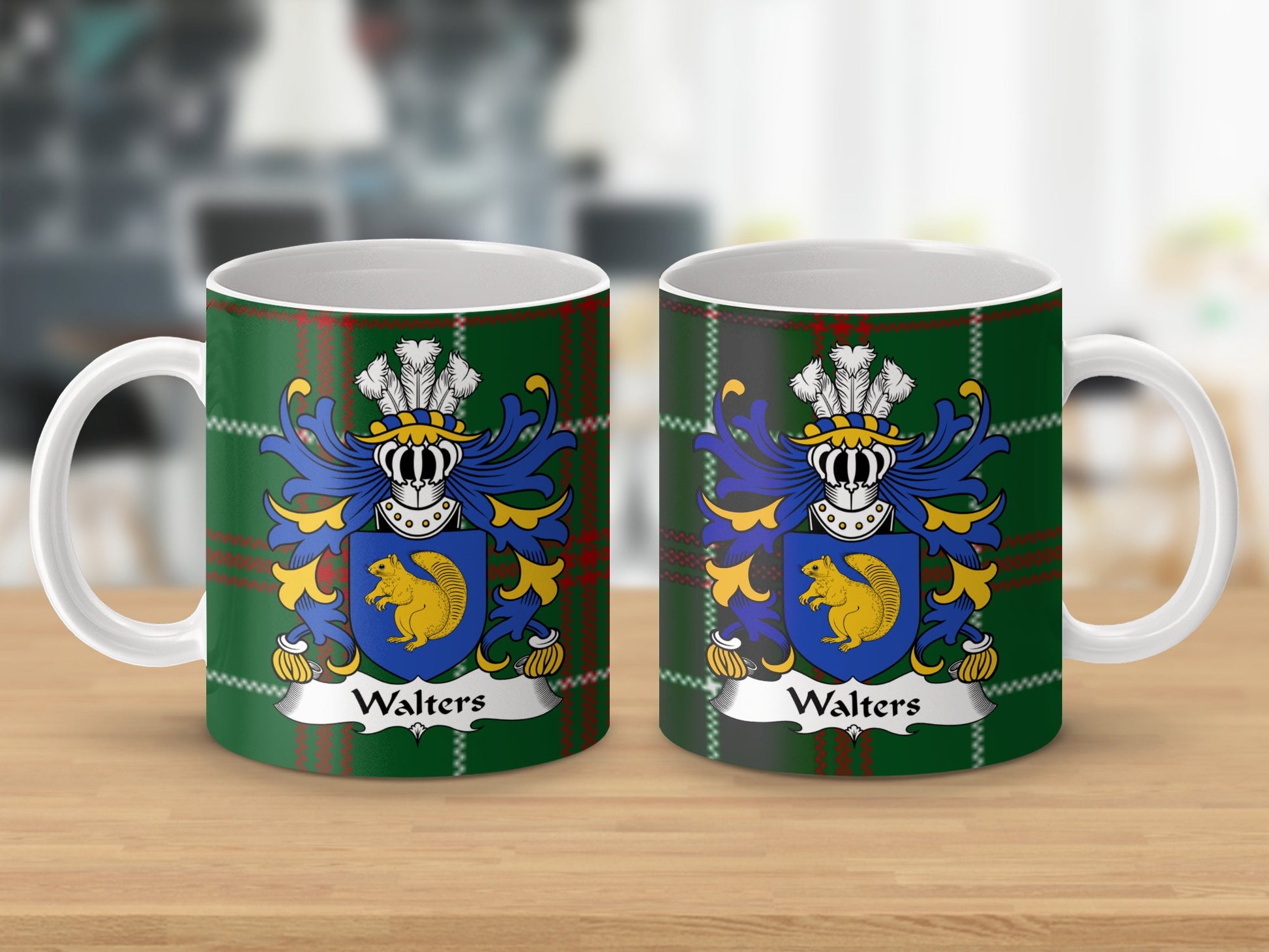 Walters Welsh Surname Coat of Arms Tartan Background Mug - Living Stone Gifts