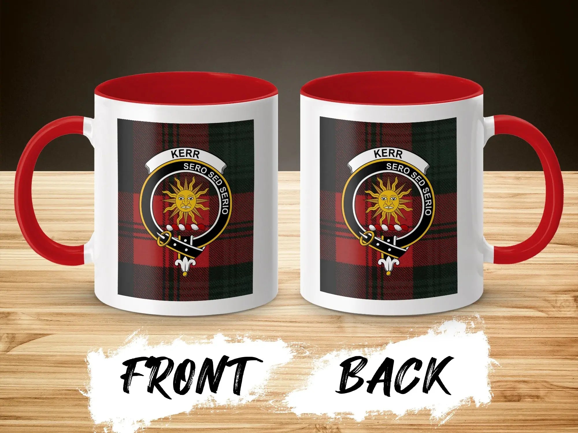Kerr Sero Sed Serio tartan plaid mug with red handle — clan crest on 11oz glossy ceramic