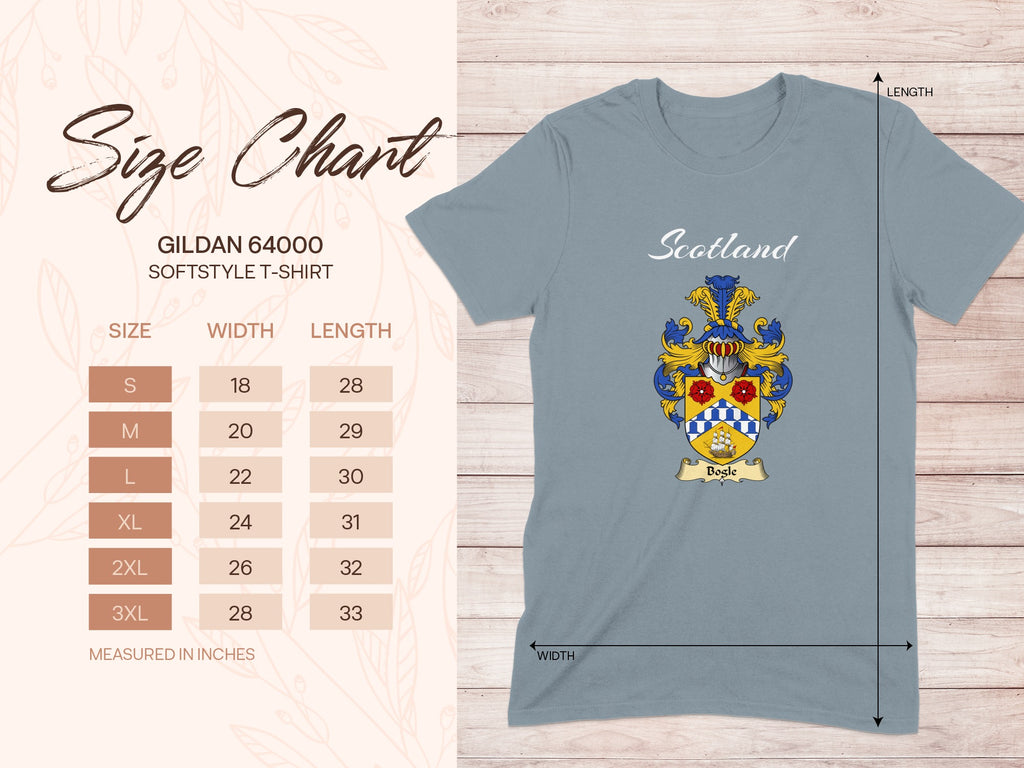 Gildan 64000 size chart for Bogle Scottish family shield T-shirt
