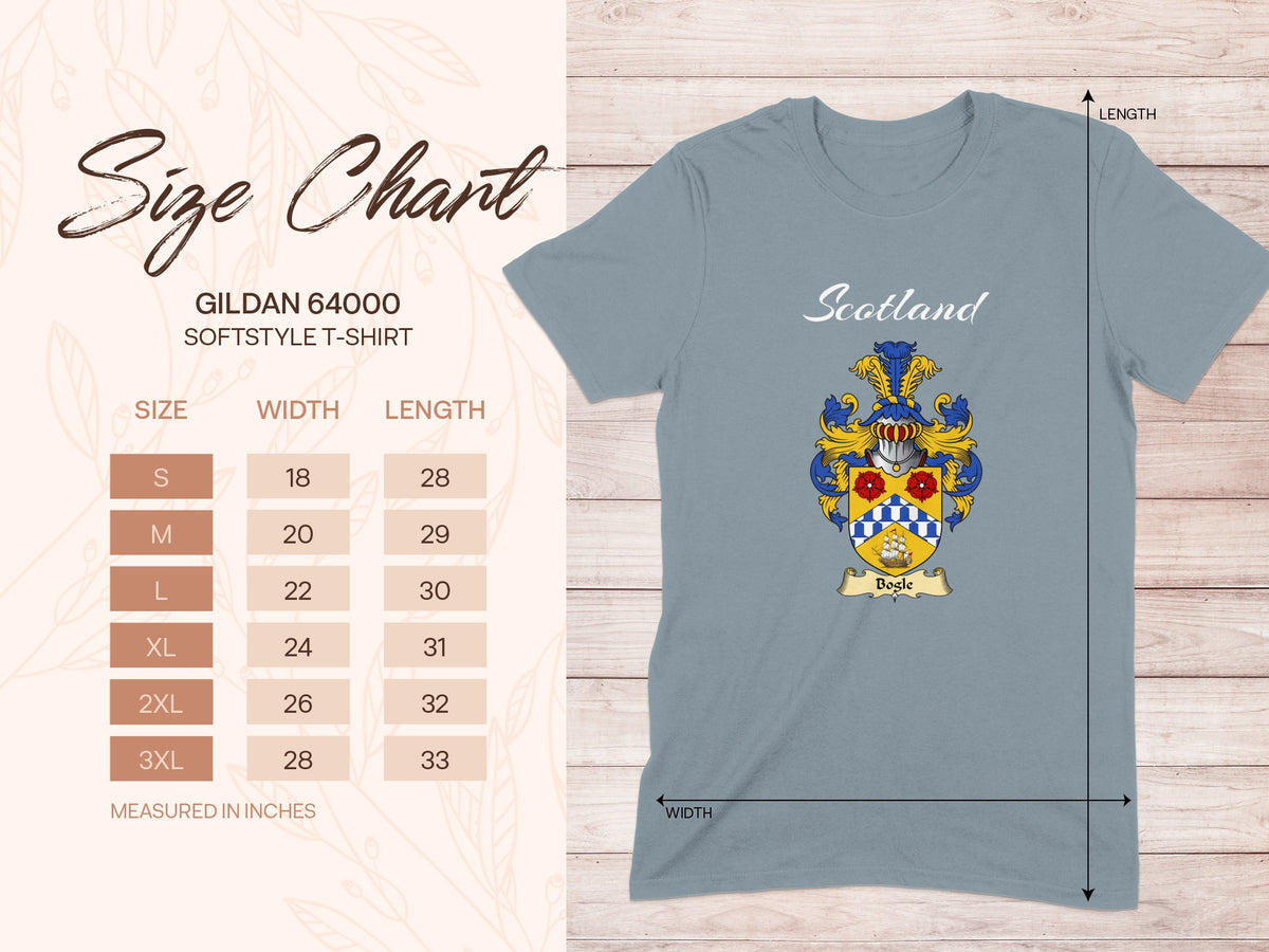Gildan 64000 size chart for Bogle Scottish family shield T-shirt