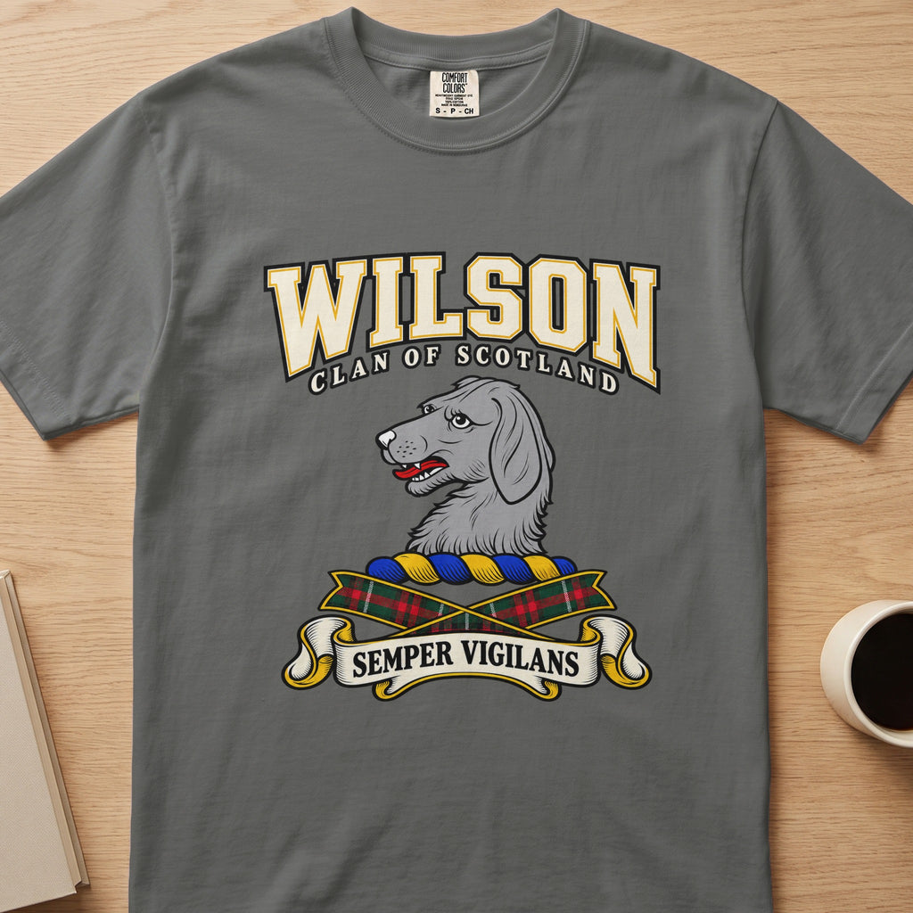 Wilson gray dog’s-head crest graphic on a charcoal gray Comfort Colors T-shirt, front view