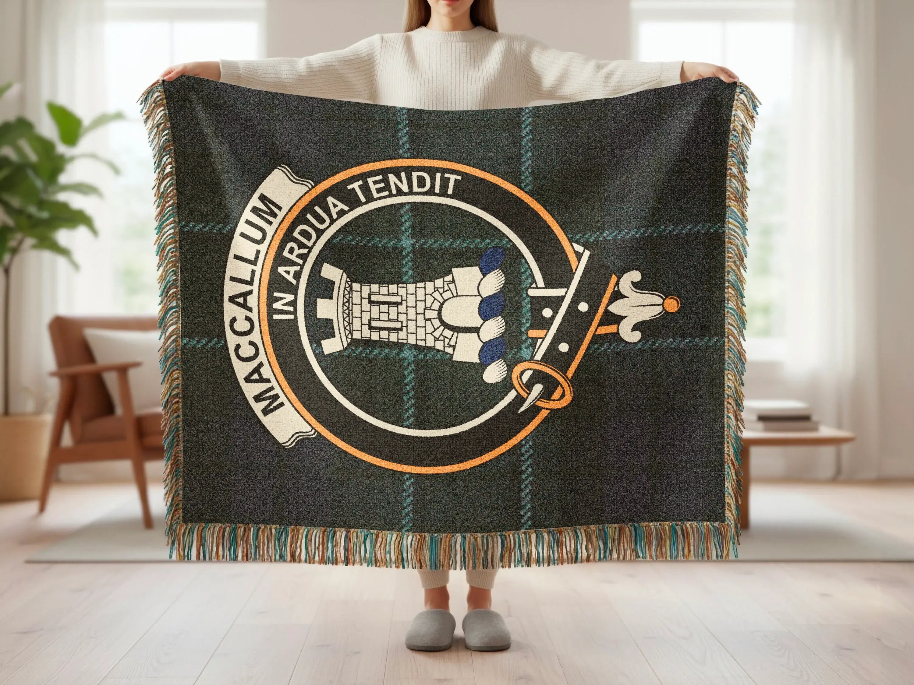 MacCallum tartan woven blanket showing full crest design — 60x50 inch cotton throw