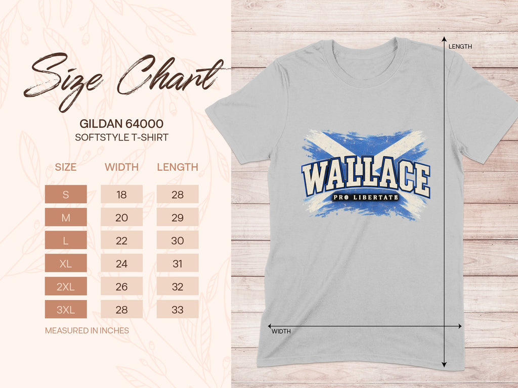 Gildan Softstyle 64000 size chart for the Wallace Saltire T-shirt, showing shirt width and length in inches.