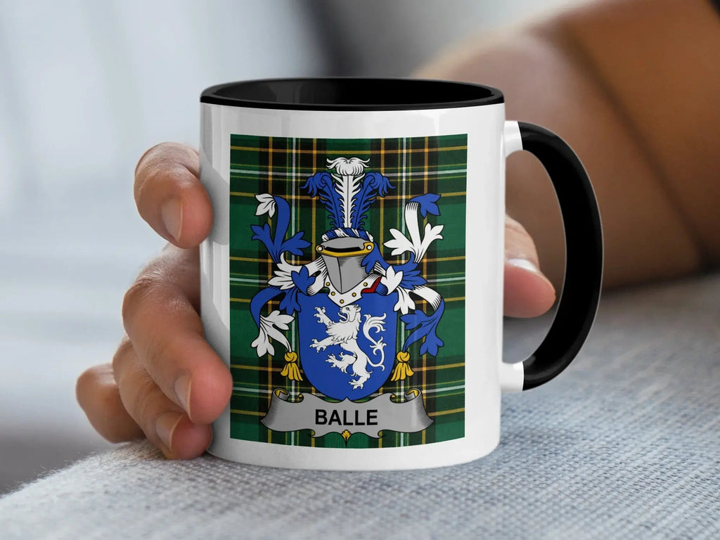 Balle Irish family crest ceramic mug with black handle on Irish National Tartan