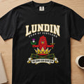 Lundin clan T-shirt in black, front view with red lion with thistle and sword above a crown