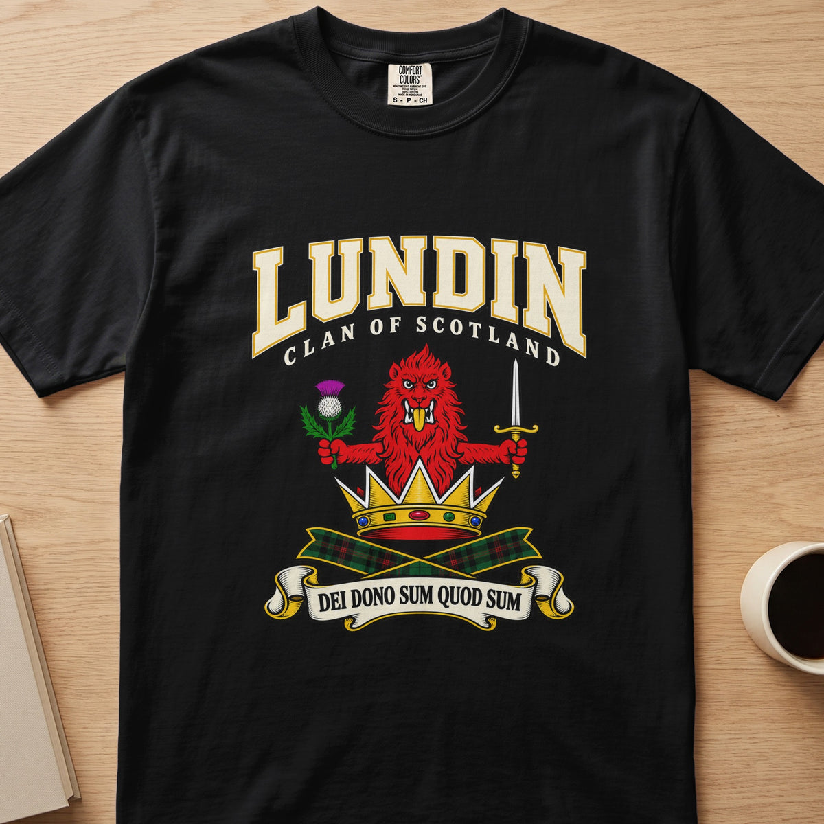Lundin clan T-shirt in black, front view with red lion with thistle and sword above a crown