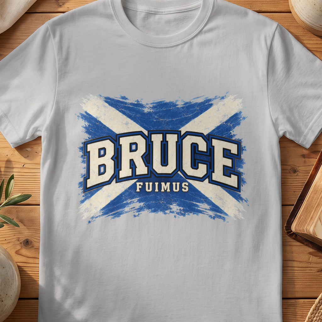 Bruce Scottish Saltire T-shirt in Sport Grey, with distressed blue and cream flag and “Fuimus” lettering.