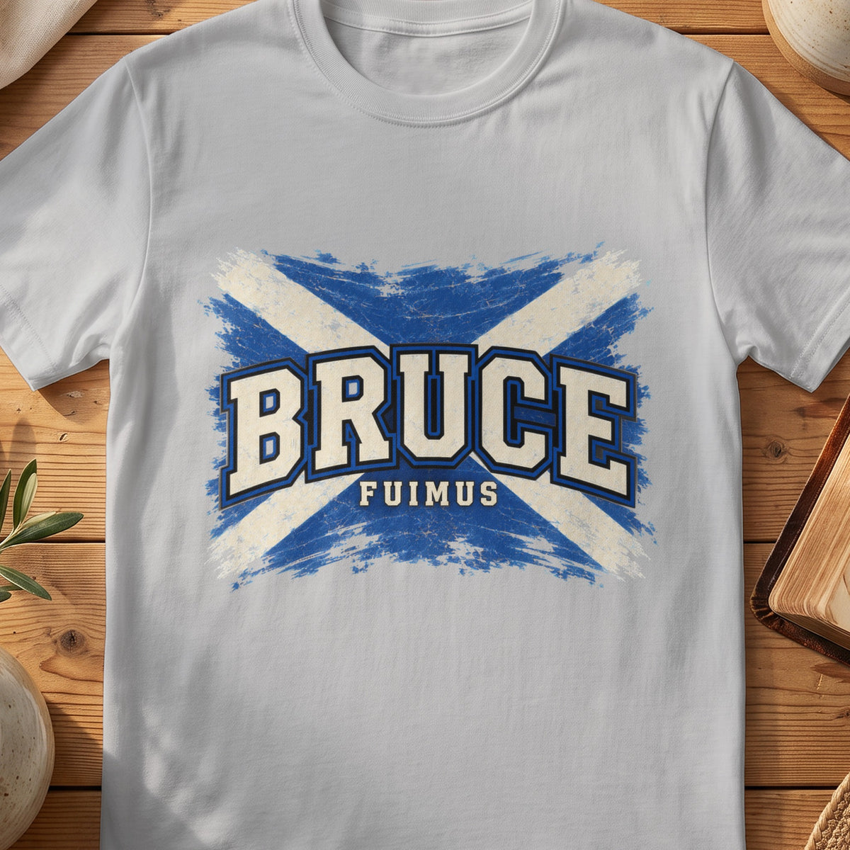 Bruce Scottish Saltire T-shirt in Sport Grey, with distressed blue and cream flag and “Fuimus” lettering.