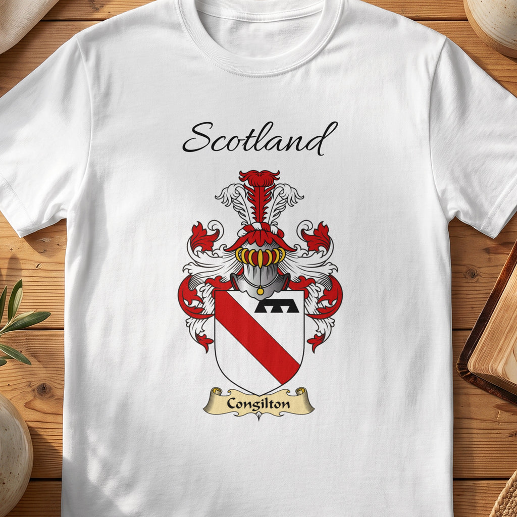 White Congilton Scottish family shield T-shirt featuring a red diagonal band across white