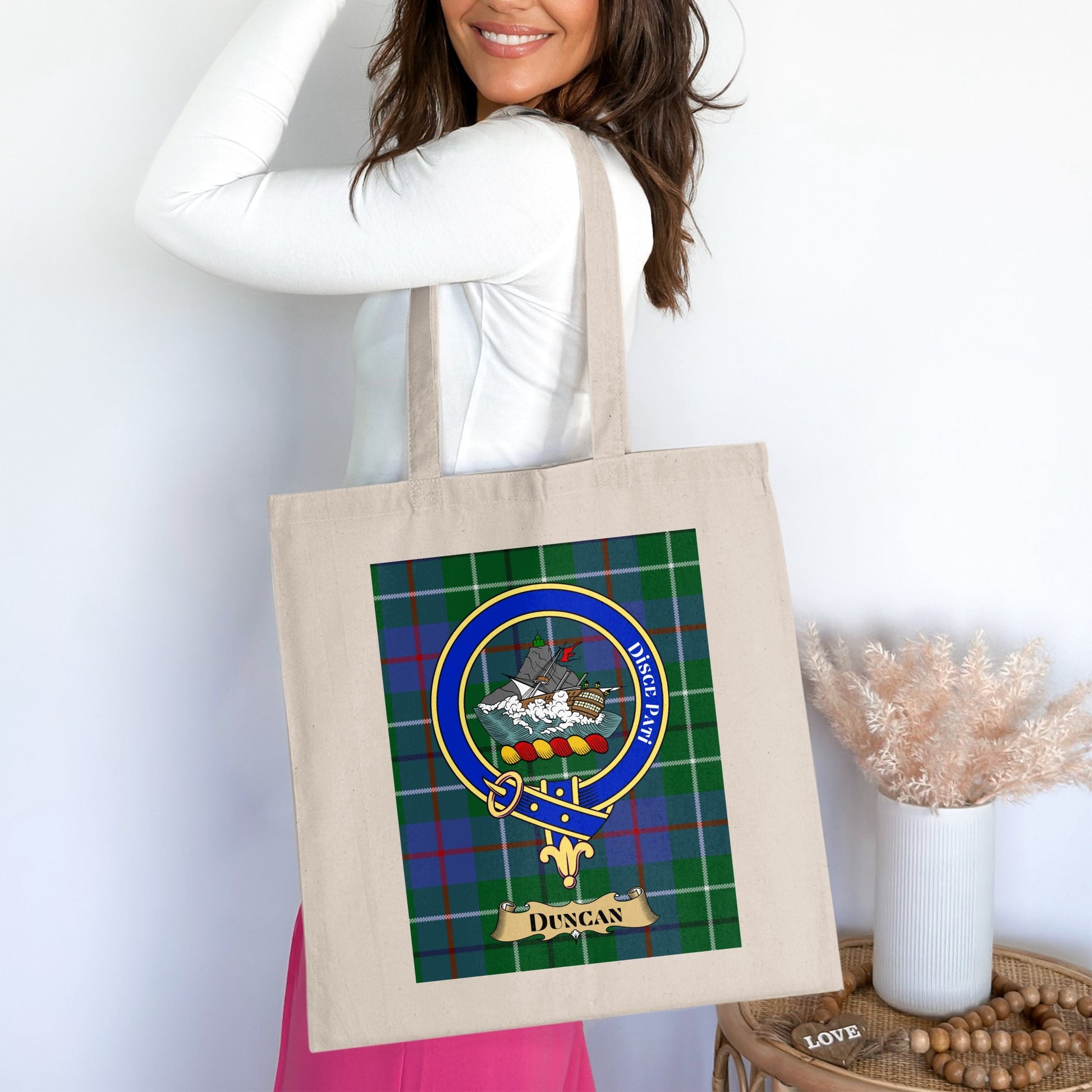 Duncan Clan crest Scottish tartan background Tote Bag - Living Stone Gifts