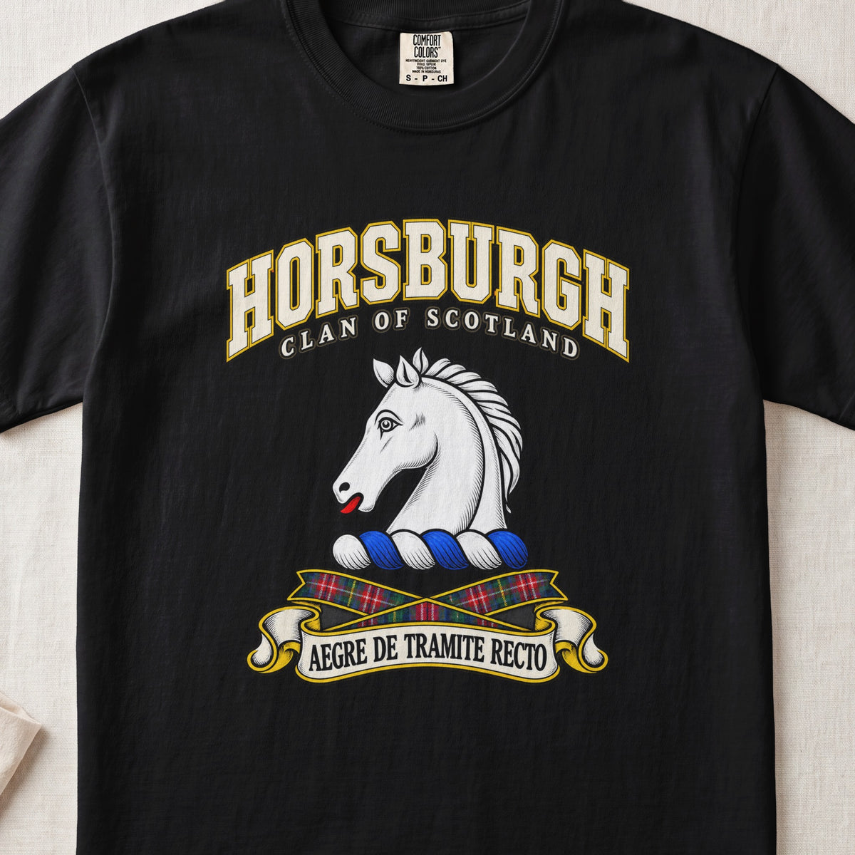 Horsburgh Scottish clan T-shirt in Black, front view with a white horse head and motto design.