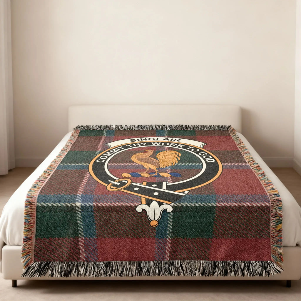 Sinclair tartan shield blanket — woven plaid with rooster clan crest