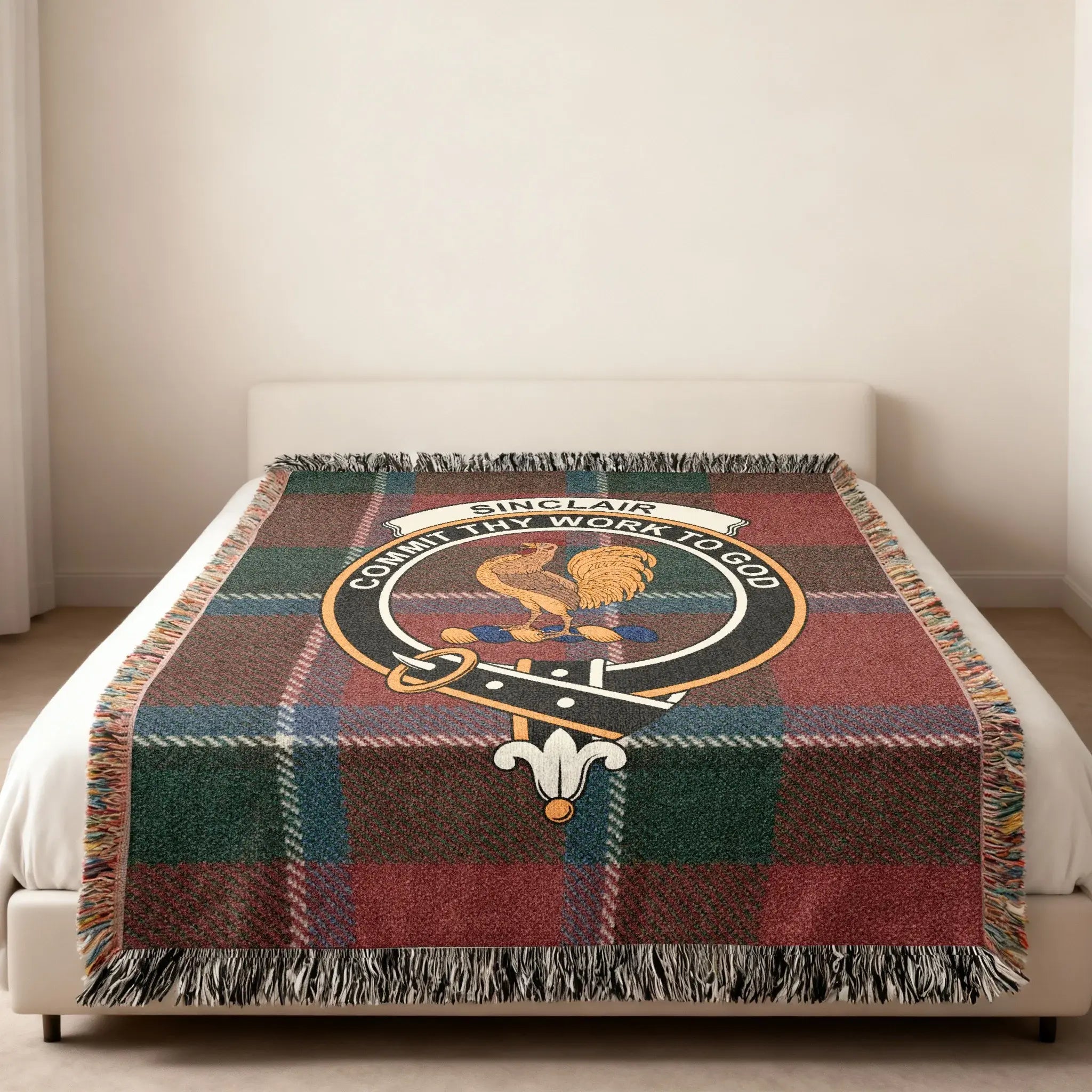 Sinclair tartan shield blanket — woven plaid with rooster clan crest