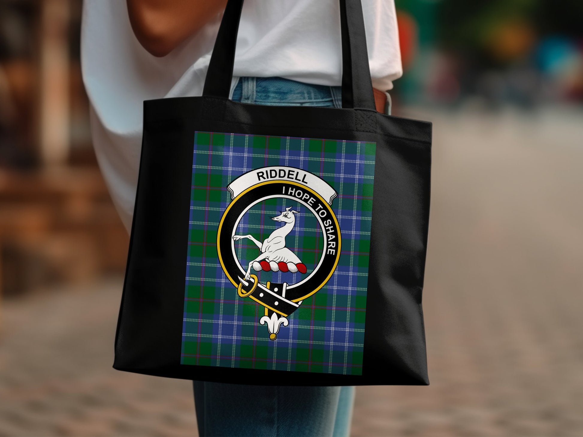 Scottish Clan Riddell Crest on Tartan Background Tote Bag - Living Stone Gifts