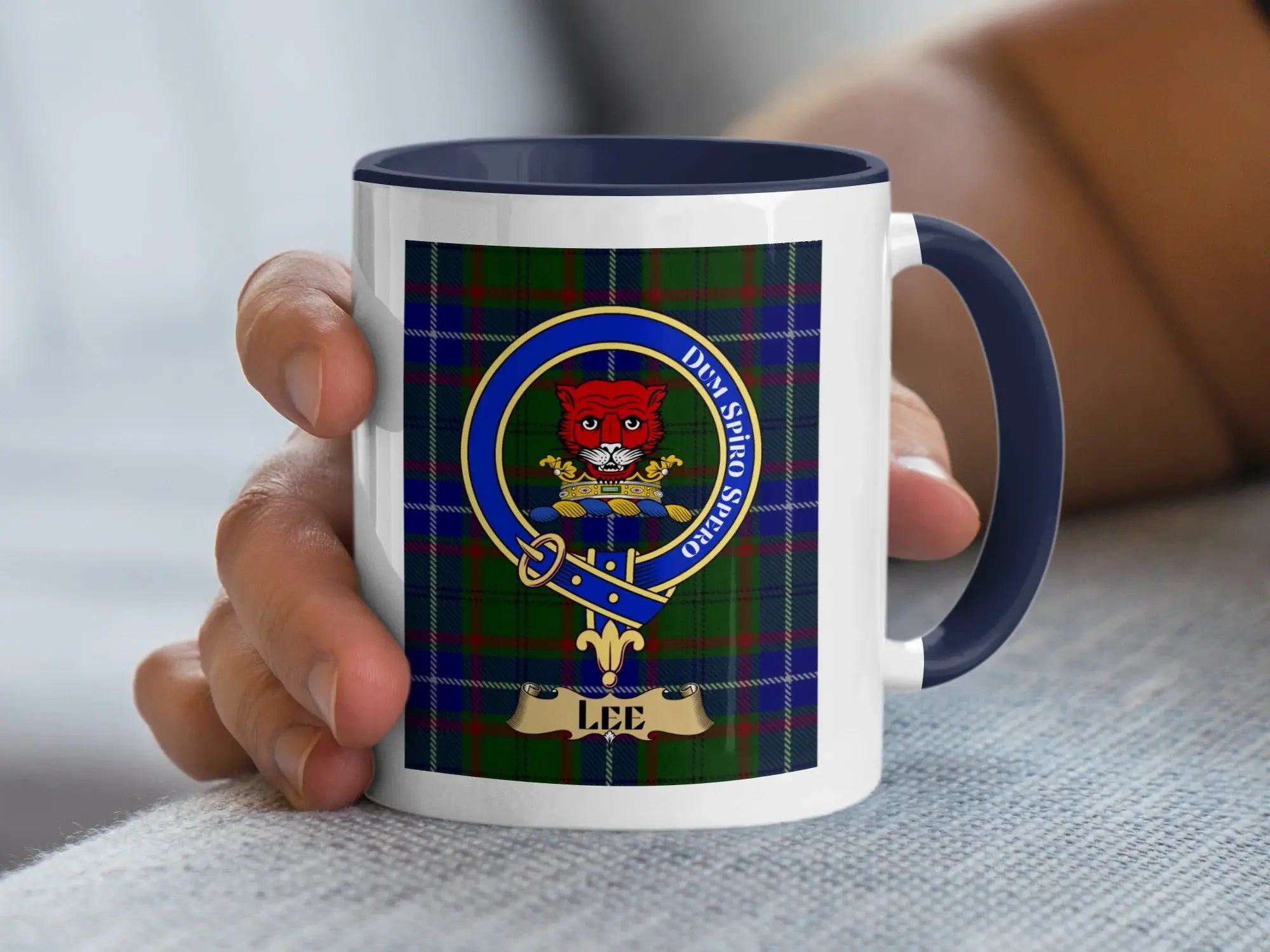 Lee family crest coffee mug with a tartan-background design